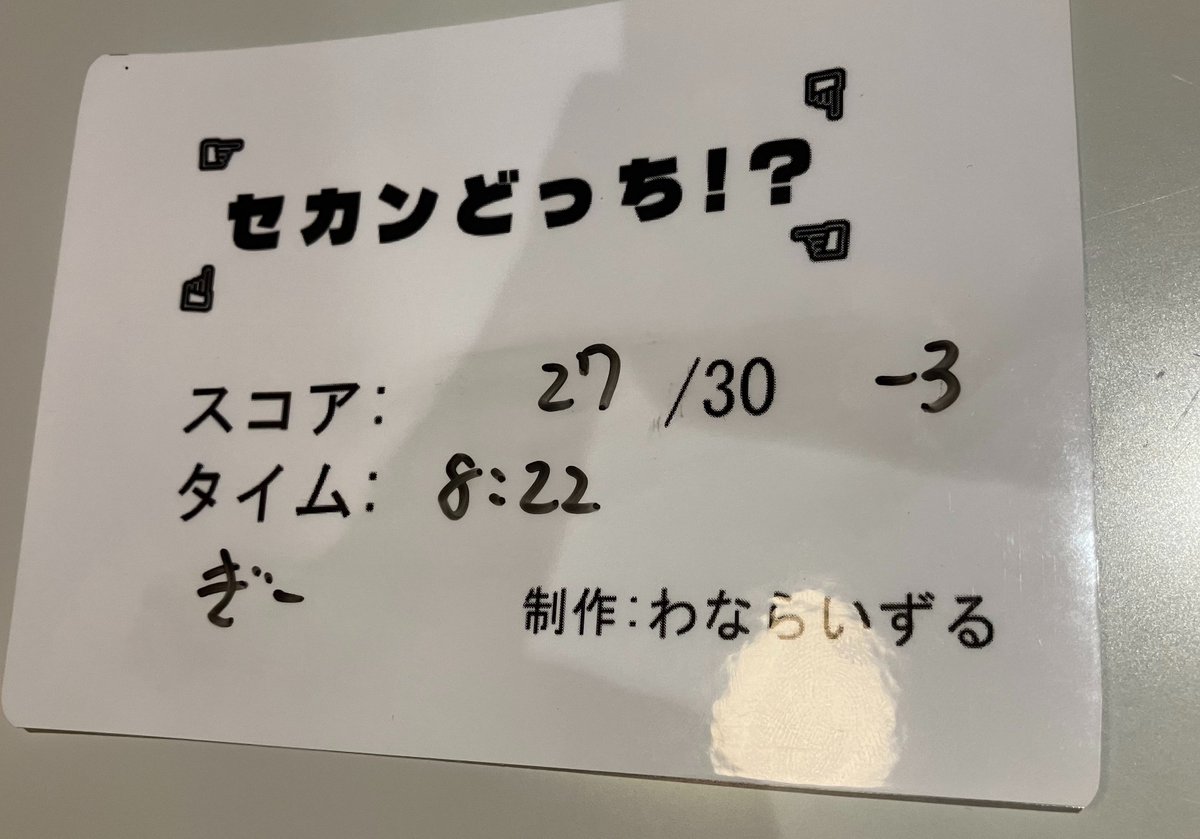 Gy3_REGAME's tweet photo. かるくさんの新作小箱ネタ、『セカンどっち！？』プレイさせてもらった。

とある制限をつけて削ぎ落としたライト＆スピード感のTA謎集。シンプルな中だからこそのドライブ疾走感と解き味(^-^)楽しかった。
TA要素じゃない集団用の紙芝居形でも提供できるスタイルも可能なの汎用性あってよくできてる〜 https://t.co/h8IzBLFS5g