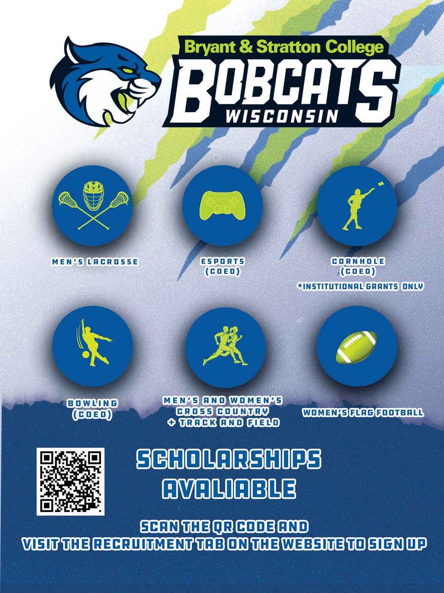 BobcatsWI's tweet photo. 𝐍𝐎𝐖 𝐑𝐄𝐂𝐑𝐔𝐈𝐓𝐈𝐍𝐆

B&amp;SC - Wisconsin is now recruiting for the sports listed below!

Scan the QR code or visit https://t.co/6m0lfEDTML and head to the recruitment tab to find your sport!

#ClawsUp | #NJCAA https://t.co/NdtVDFPU1o