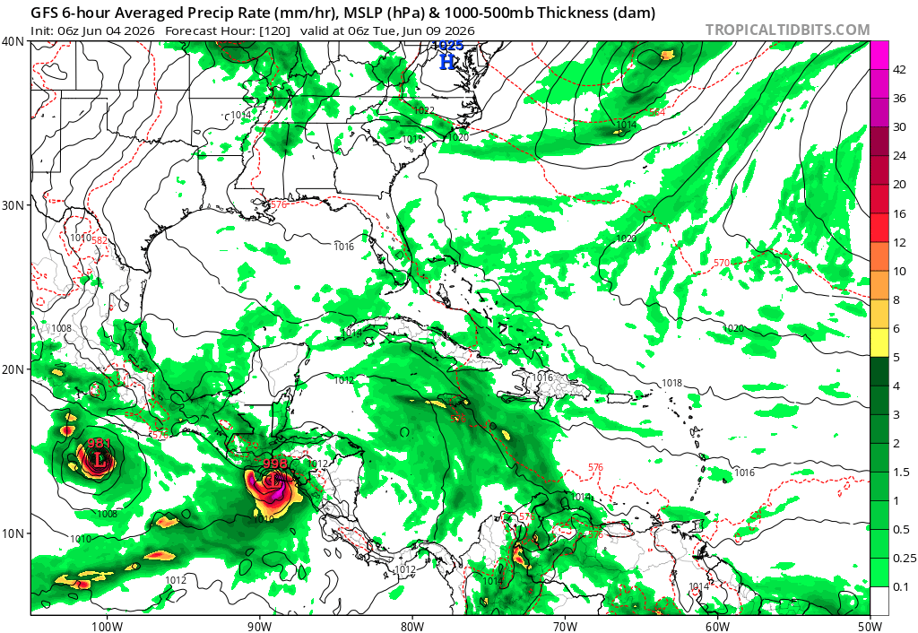 TiempoClimaSVCA's tweet photo. Los modelos han estado indicando desde hace algunos días que una baja presión se formará al sur de El Salvador a inicios de la próxima semana, lo cual estaría causando un temporal en el país, entre lunes 8 y miércoles 10 de junio. Cabe mencionar que el @NHC_Pacific
le da un 50% de probabilidad de desarrollo ciclónico a dicho sistema.

Este pronóstico aún tiene un grado de incerteza y podría cambiar, por lo que estaremos actualizando de manera pertinente.