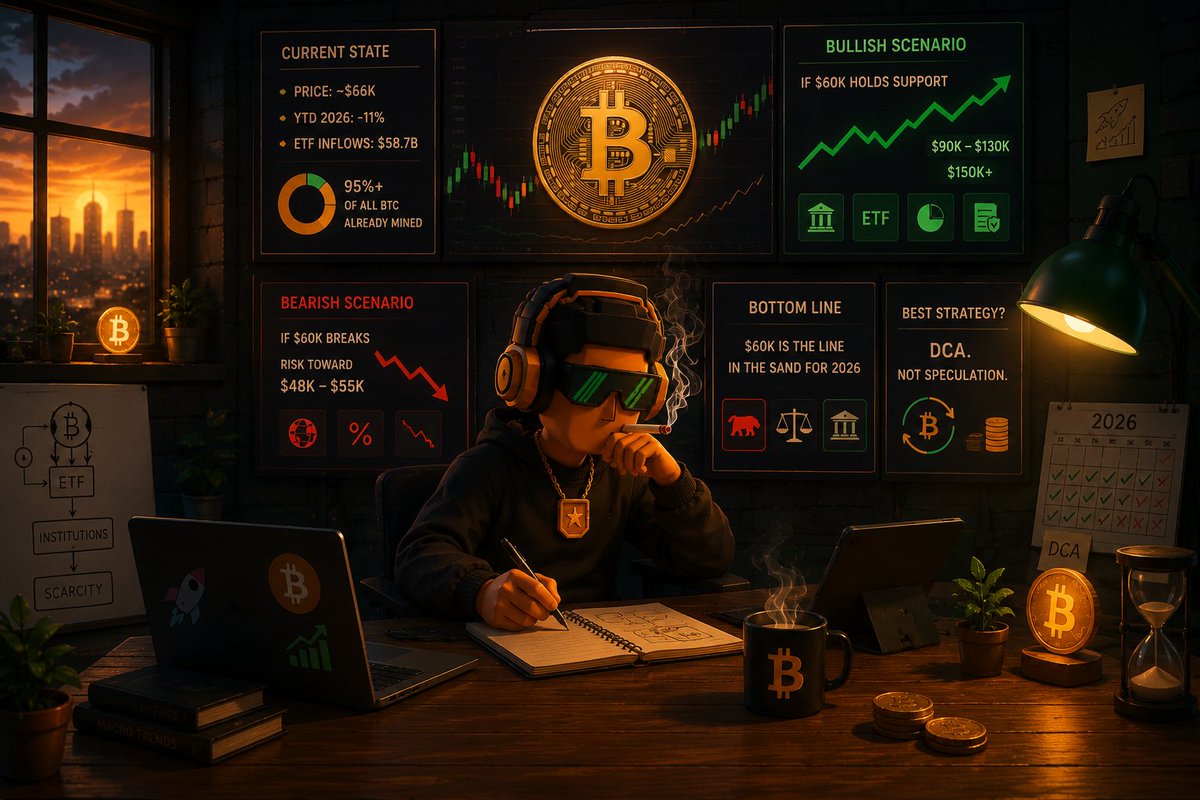 yfimaxiNFT's tweet photo. 🧵 BITCOIN 2026 - Where is bitcoin:native headed this year?

Fact-based breakdown 👇

━━━━━━━━━━━━━━━━
📍 CURRENT STATE

Price: ~$64K
YTD 2026: −11%
ETF cumulative inflows: $58.7B since 2024
95%+ of all BTC already mined

━━━━━━━━━━━━━━━━
📈 BULLISH SCENARIO

If $60K holds as support:
→ Rebound target: $90K – $130K
→ Year-end potential: $150K+

Why?
✅ BlackRock IBIT leading institutional demand
✅ Post-halving supply fully absorbed by ETFs
✅ US Digital Asset Market Clarity Act in pipeline
✅ Bernstein & Ripple CEO both target $150K–$180K

━━━━━━━━━━━━━━━━
📉 BEARISH SCENARIO

If $60K breaks:
→ Correction risk toward $48K – $55K

Headwinds:
⚠️ US-Iran geopolitical tensions
⚠️ Persistent inflation → Fed stays hawkish
⚠️ $2B+ ETF outflows in May 2026

━━━━━━━━━━━━━━━━
🎯 BOTTOM LINE

$60K is the line in the sand for 2026.

Short-term → volatile & bearish pressure
Long-term → strongest institutional foundation BTC has ever had

Best strategy? DCA. Not speculation.

Not financial advice. DYOR 🙏

#Bitcoin #BTC #Crypto #CryptoAnalysis