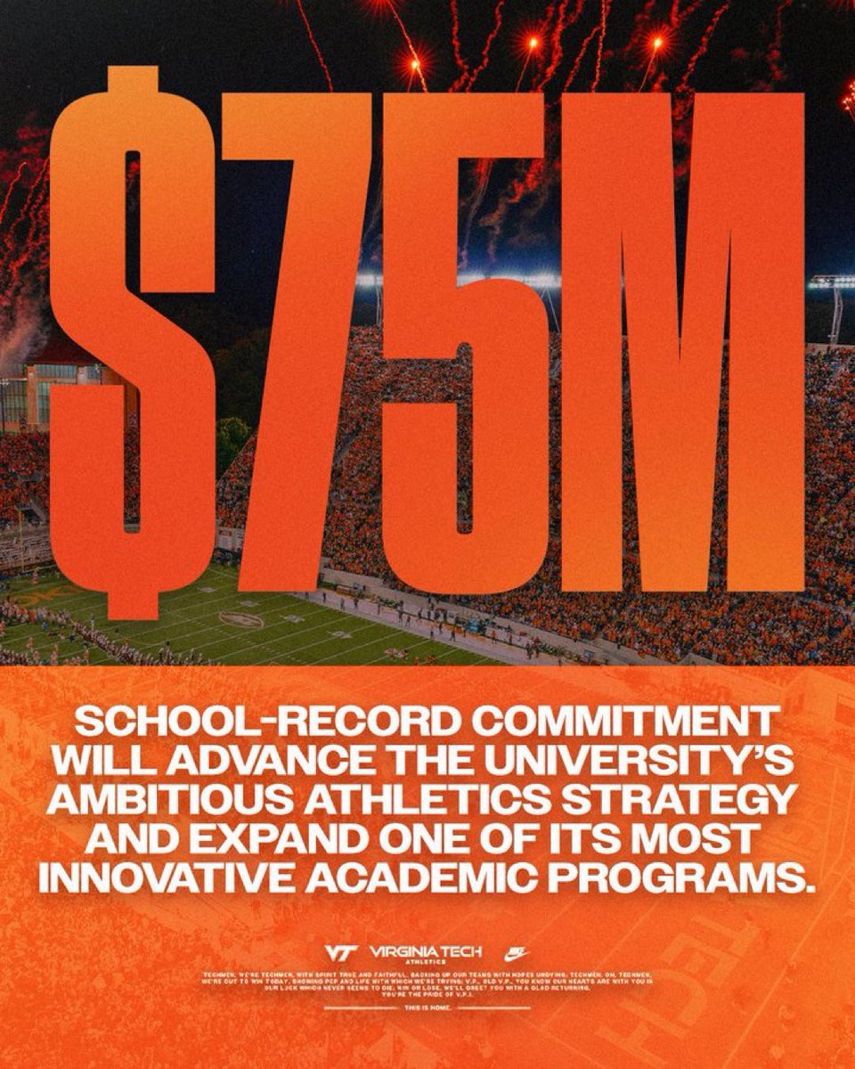 SleeperCFB's tweet photo. Virginia Tech got a $75 million NIL donation 👀

What an offseason it’s been for the Hokies https://t.co/RORmIEhErE
