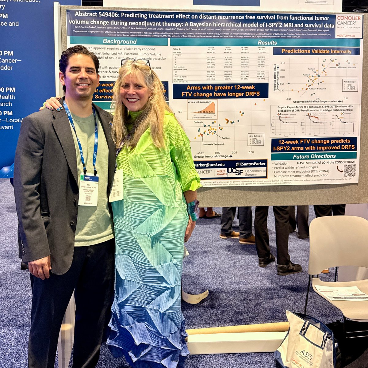 UCSFSurgery's tweet photo. A poster❗️A new predictive model❗️National recognition. Dr. Keli Santos-Parker (@KSantosParker), pictured w/ @UCSF's Dr. Laura Esserman, received a Conquer Cancer Merit Award at #ASCO26 for research advancing breast cancer treatment evaluation before survival data matures👏 https://t.co/imEM04eSdI