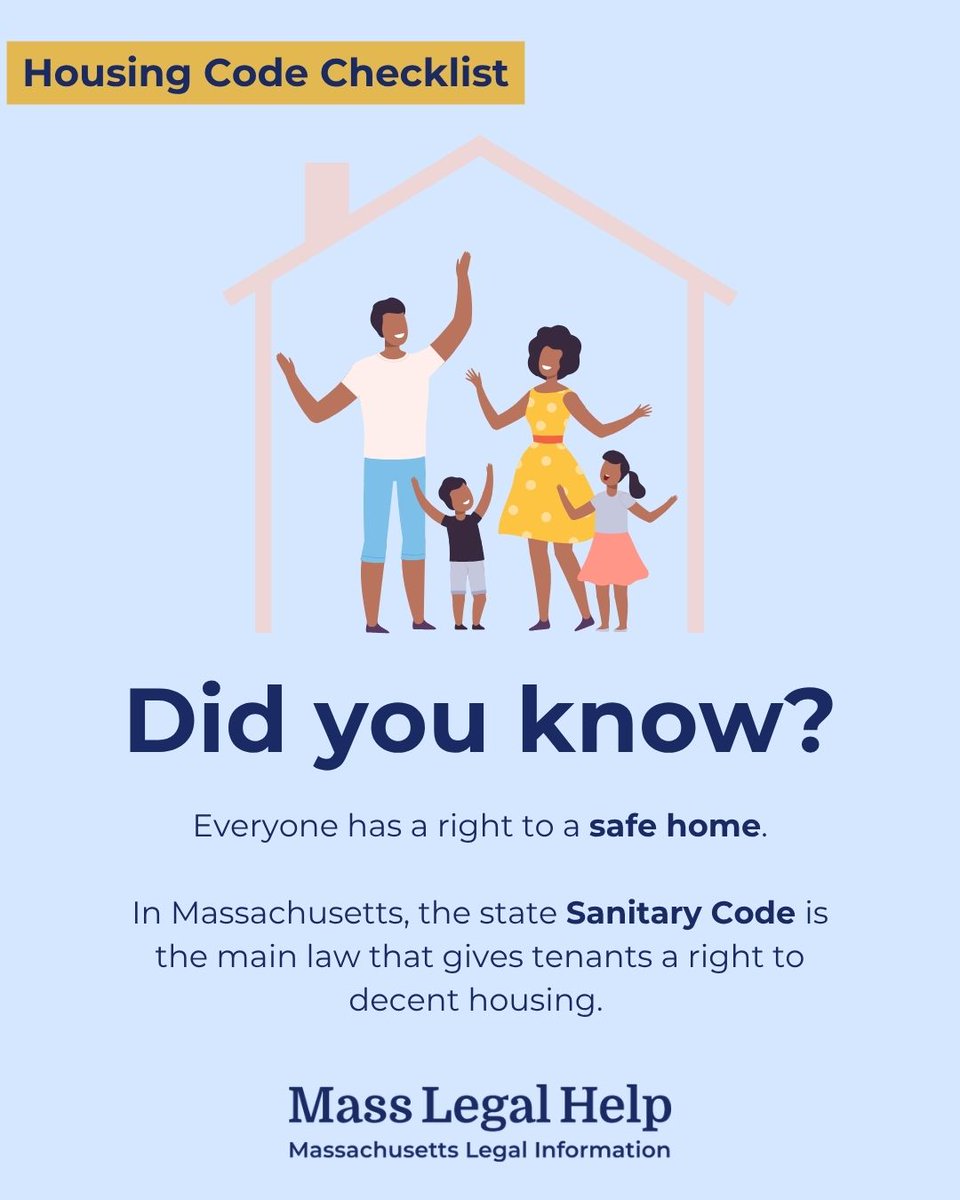 MassLegalHelp's tweet photo. Did you know? The Massachusetts state Sanitary Code sets the minimum requirements for rental housing. This Housing Code Checklist will help you figure out if your home meets these requirements.

https://t.co/qnst1wIpfG 

Article by @MassLawReform https://t.co/cbyahKMTJ4