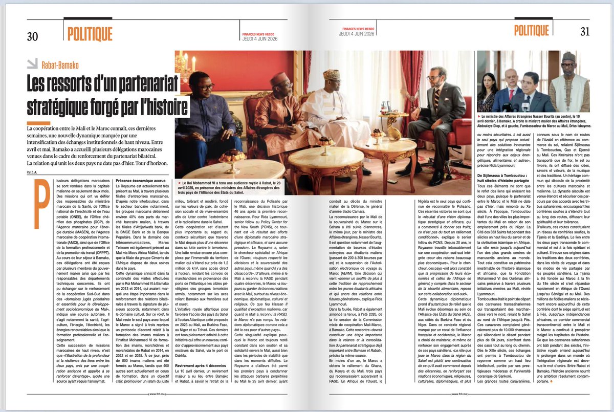 PolicyCenterNS's tweet photo. 🗞️ #INTHEPRESS
Dans un entretien accordé à @financesnewsh, notre Senior Fellow, @rmaghrebi, revient sur l’évolution des relations entre le #Maroc et le #Mali, en mettant en perspective les dynamiques diplomatiques, économiques et stratégiques qui façonnent aujourd’hui le partenariat entre les deux pays. Il souligne notamment le rôle d’une coopération Sud-Sud de long terme, fondée sur le respect de la souveraineté des États ainsi que sur le renforcement des liens économiques, culturels, religieux et humains.
🔗 Entretien complet: https://t.co/rhMhlnBYvo