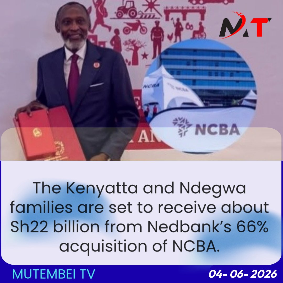 Harrisonkogo's tweet photo. UPDATE: The Kenyatta and Ndegwa families are set to receive about Sh22 billion from Nedbank’s 66% acquisition of NCBA.

— Kenyatta family will receive Sh10.6 billion (shares + cash)

— Ndegwa family will receive Sh11.3 billion (shares + cash) https://t.co/YK5fp24Isu