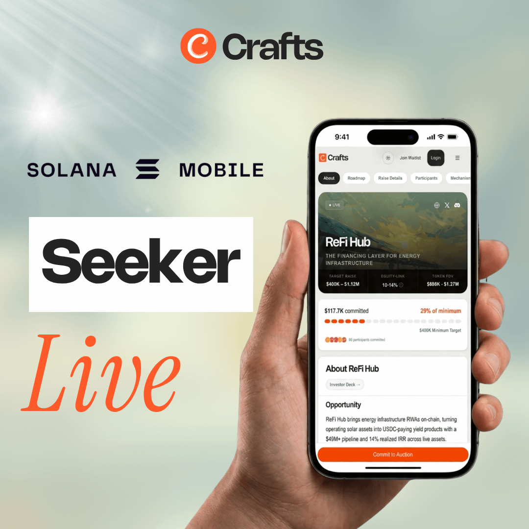 craftsdev's tweet photo. ReFi Hub ICO is now live for all @solanamobile users: https://t.co/O6abj0MDU9

You now have access to equity-linked tokens with VC-grade protections and fair valuations. https://t.co/Ocki4nnQIT