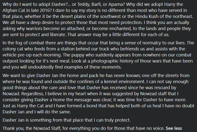 brendanmjones's tweet photo. This is the story of Dasher. My friend Jeff brought Dasher back from Afghanistan shortly after I brought Lucy back from the ISIS theater of war. 

When @Herb_Minstrel and I went on Hannity, I was able to give a shout out to Puppy Rescue Mission, the organization that helped me rescue Lucy years ago. They reached their fundraising goal for the year shortly after that. I do not know if I had any impact on it, but it felt good to know that I was able to use the situation to help those still rescuing dogs of war, even as Lucy, my dog of war, was suffering in a cell. 

God continues to make good out of a bad situation. Because of Lucy's sacrifice, other dogs will live. Other soldiers will be made whole after returning from war.

Although Dasher followed Lucy to the US, he preceded her on the next stage of the journey that all dogs are on. Dasher crossed the rainbow bridge last year. 

When the police took my dog hostage, Jeff was one of the first friends who stepped up in support and solidarity. He understood what she meant to me. He knew the way that dogs can rescue soldiers in war. He knew the way that dogs can rescue soldiers after the return from war too. He knew what Lucy had done for me. Dasher had done the same for him.

He walked up to me before church, put his hands on my shoulders and we both stood there with heads bowed. Neither of us spoke any words, but everything that needed saying got said.

I hope he knows how much that moment meant to me. 

The organizations that helped him with his rescue of Dasher were @Nowzad and Kabul Small Animal Rescue (@KSARshelter). They are still operating in Kabul, Afghanistan, believe it or not.

These are great organizations. They save dogs. In doing so, they save soldiers. 

If I had had time on Hannity to mention all the good guys doing the Lord's work around the world, I would have. I didn't. Hopefully mentioning these organizations here helps them out in some way and brings some more good out of Lucy's suffering.

#SaveLucy