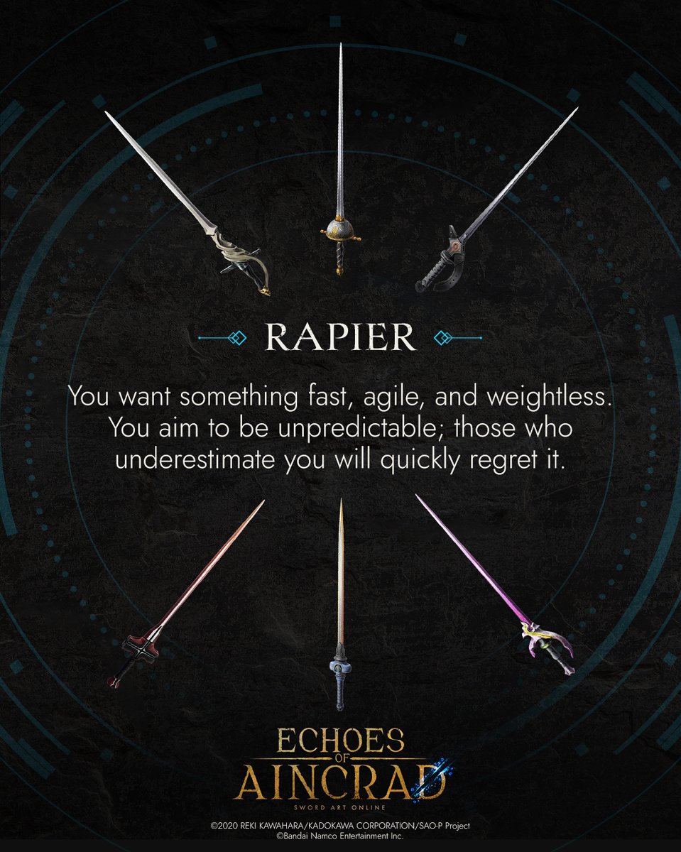 saogames's tweet photo. ► WEAPON HIGHLIGHTS ◄
 
Do your friends know what you'd go for? There's only one way to find out👀

Sword, dagger, rapier, mace, two-handed axe, two-handed sword - Take up a weapon to conquer Aincrad!
 
#SAOEoA 
#SAO https://t.co/Ihk3GsL5LF