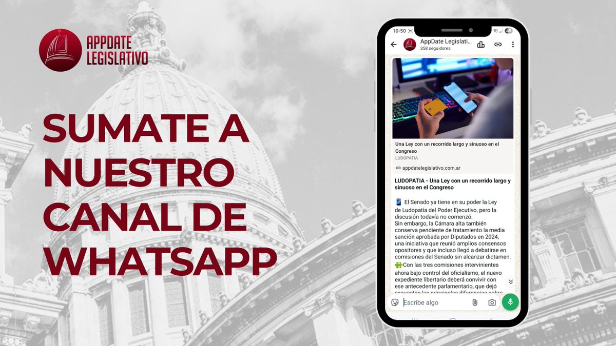 AppdateLegis's tweet photo. 📯En nuestro canal de Whatsapp encontrás un resumen de todo lo que pasó en el Congreso al alcance de tu mano. ¿Qué esperás para suscribirte? 👇🏼https://t.co/voHjdzIix8 https://t.co/NQn7c8GjqI