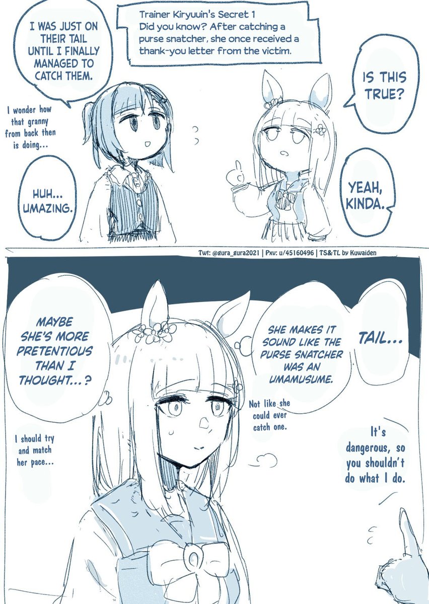 Kuwaiden's tweet photo. Aoi and Meek in the Beginning by @gura_gura2021

Meek doesn't know...  
(typo fix)
#ウマ娘 #Umamusume 
#ウマ娘英訳 #UmaTranslations https://t.co/VGJNM01xrE