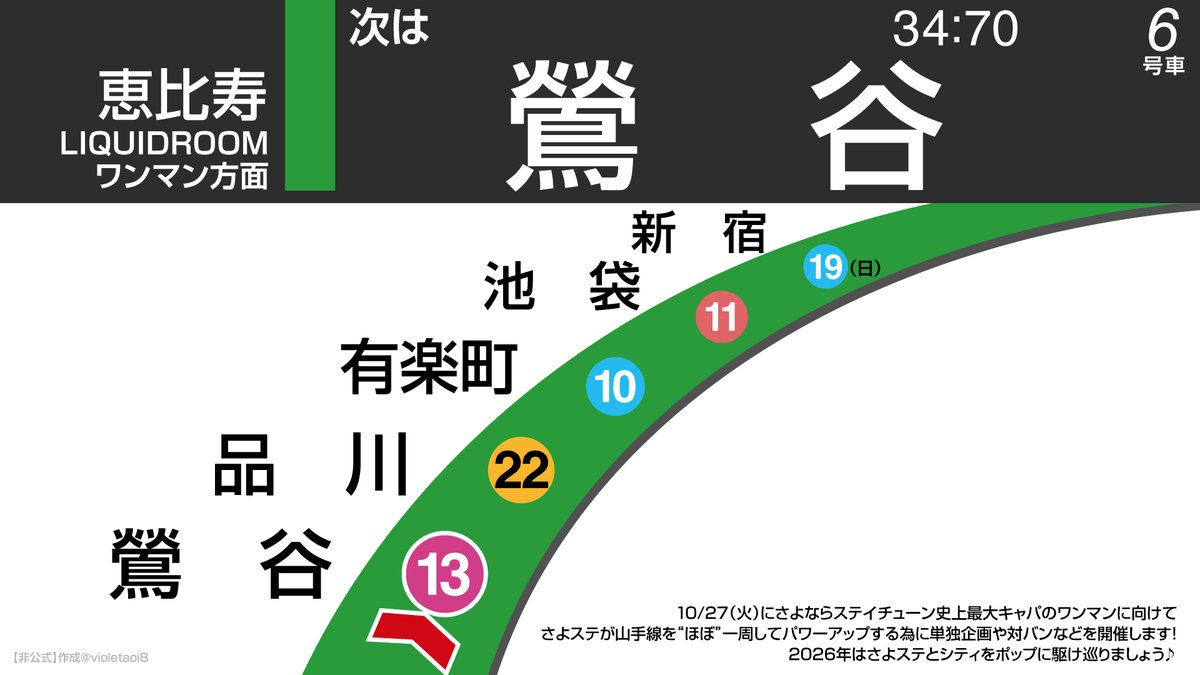 violetaoi8's tweet photo. この電車は #さよステ 山手線ほぼ一周ツアー、恵比寿LIQUIDROOM方面ゆきです。次は鶯谷、鶯谷。会場の東京キネマ倶楽部へは南口から徒歩2分です。

「君回り♡STAYTUNEDTRAIN♡〜旅のお相手はおさよちゃん〜」
🕐6/13 (土) 18:00開場 / 18:45開演
https://t.co/6WVekbEvr0

#さよステほぼ一周ツアー https://t.co/7TaCd7YwzU