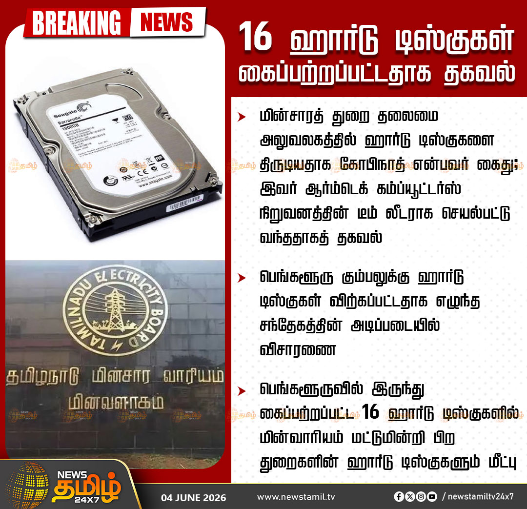 NewsTamilTV24x7's tweet photo. TNEB Hard Disk Theft | 16 ஹாா்டு டிஸ்குகள் கைப்பற்றப்பட்டதாக தகவல்

மின்சாரத் துறை தலைமை அலுவலகத்தில் ஹார்டு டிஸ்குகளை திருடியதாக கோபிநாத் என்பவர் கைது; இவர் ஆர்ம்டெக் கம்ப்யூட்டர்ஸ் நிறுவனத்தின் டீம் லீடராக செயல்பட்டு வந்ததாகத் தகவல்

பெங்களூரு கும்பலுக்கு ஹாா்டு டிஸ்குகள் விற்கப்பட்டதாக எழுந்த சந்தேகத்தின் அடிப்படையில் விசாரணை

பெங்களூருவில் இருந்து கைப்பற்றப்பட்ட 16 ஹாா்டு டிஸ்குகளில் மின்வாாியம் மட்டுமின்றி பிற துறைகளின் ஹாா்டு டிஸ்குகளும் மீட்பு

TNEB | Hard Disk | Theft | Tamilnadu

#TNEB | #HardDisk | #Theft | #Tamilnadu | #TamilNews | #NewsTamil24x7