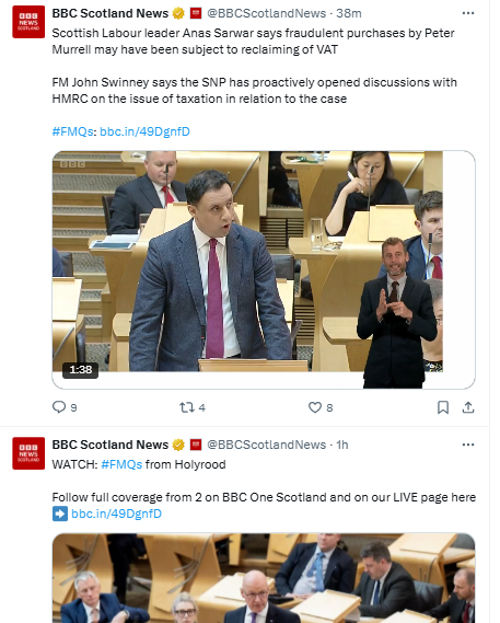 msm_monitor's tweet photo. The BBC Scotland twitter-X feed has posted Anas Sarwar's FMQ's question first despite Malcolm Offord having the first question. Clear evidence that the BBC is manipulating its coverage of FMQ's to give a false impression of the proceedings.

@BBCScotlandNews https://t.co/LcnZRiSqmR