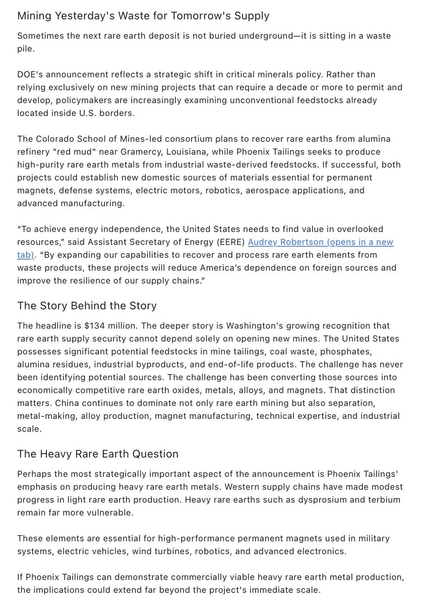 Tickerwire's tweet photo. $MP $UUUU $UAMY $USAR $LAC $CRML | The US Department of Energy allocates $134 million to extract rare earth elements from domestic industrial waste streams. 

The subsidies fund demonstration scale recycling facilities in Oklahoma and Louisiana. https://t.co/TC6josUHgv