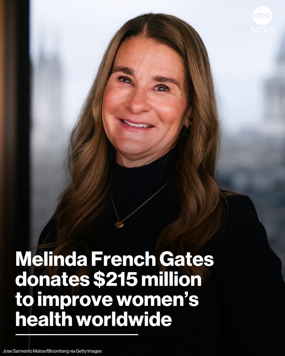 ABC's tweet photo. Melinda French Gates will expand her giving to improve women’s health globally, pledging another $215 million to support contraceptive access and maternal care, as well as initiatives aimed at middle-aged women, including further study of menopause. https://t.co/t1uZECKti8 https://t.co/UFEnGAuBKU