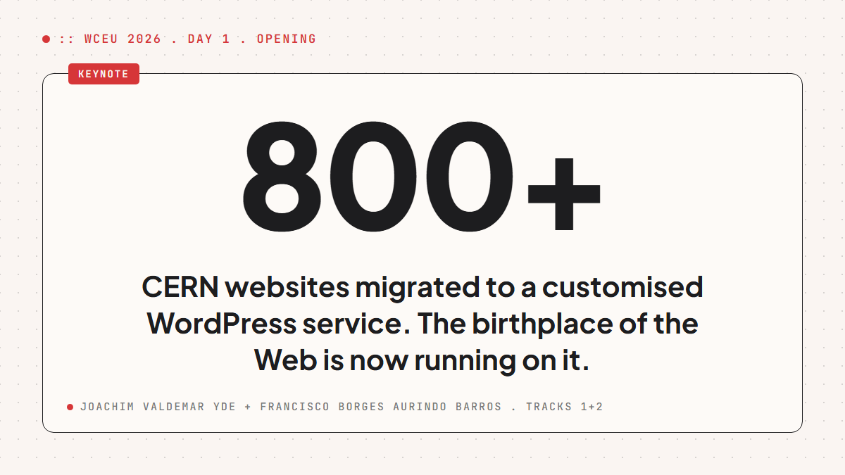 socialbyjoe's tweet photo. CERN now runs on WordPress. 800+ sites migrated to a customised service — the inside story is the opening session at WCEU 2026 today.

The birthplace of the Web picked open source. Worth a beat.

#WCEU #WCEU2026 #WordPress https://t.co/6eJvF04vDw
