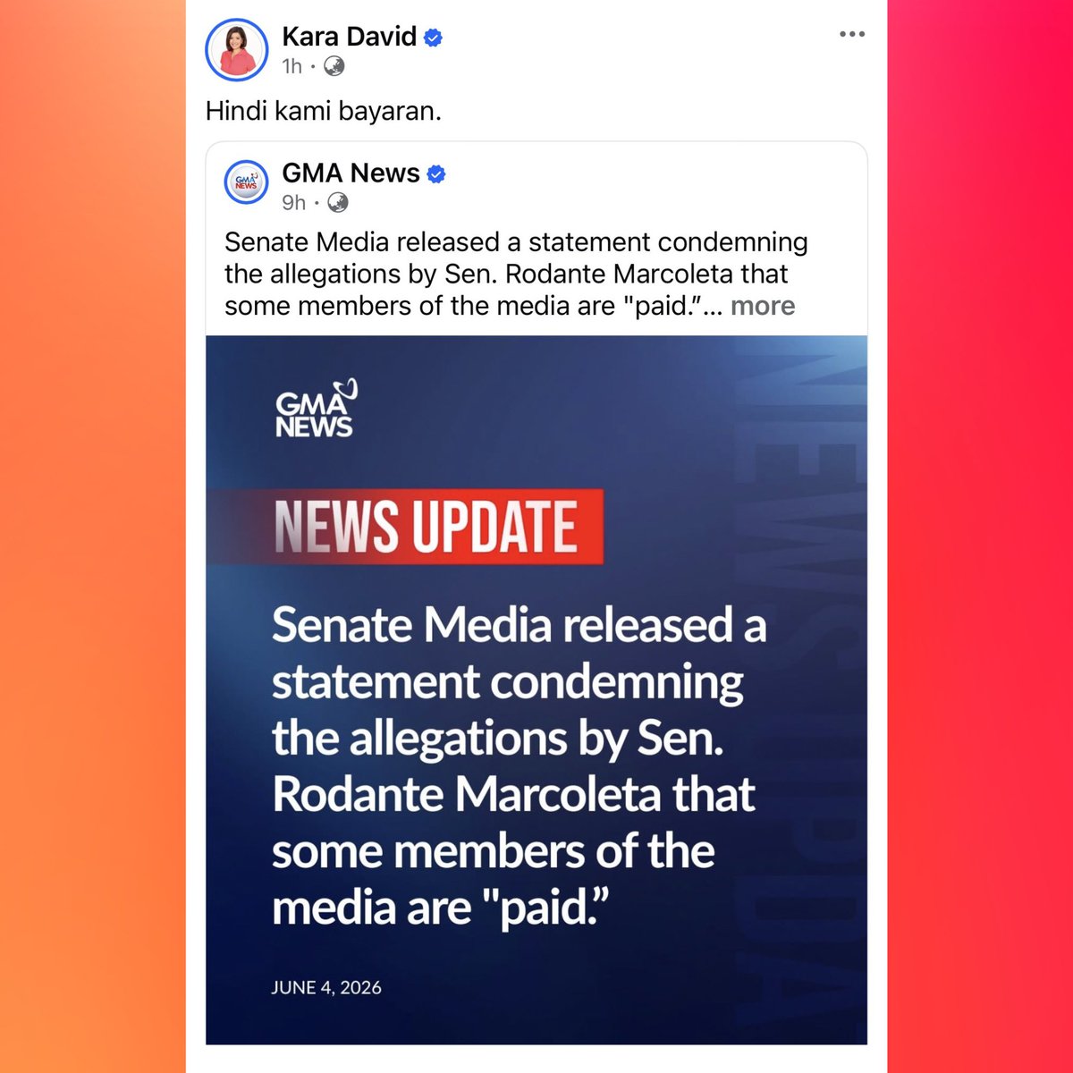 KapusoCrave's tweet photo. Kara David pushes back against Sen. Marcoleta's allegations that some members of the media are 'paid':

"Hindi kami bayaran." https://t.co/kuIcywhjHL