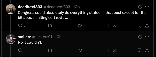 deadbeef333's tweet photo. @smilerz91 @EdwardKenney20 @OrinKerr Right, congress can't regulate cert review. This was already agreed upon, but you decided to sperg out anyway. Quite odd behavior. https://t.co/ORR5eVnRcn