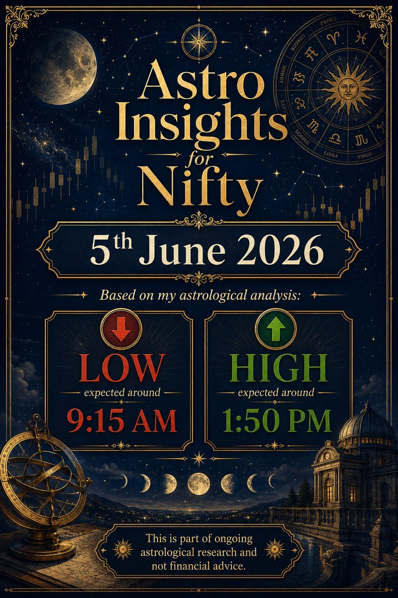 NiftyOracleAS's tweet photo. Astro Insights for #Nifty - 5th June 2026  

Disclaimer: This is not financial advice. Please consult a SEBI-registered advisor before making any trading decisions.  

#Nifty50 #VedicAstrology #Astrology #NiftyOptions #Trading #NSE #BSE #StockMarket #Astro https://t.co/pUGO135utb