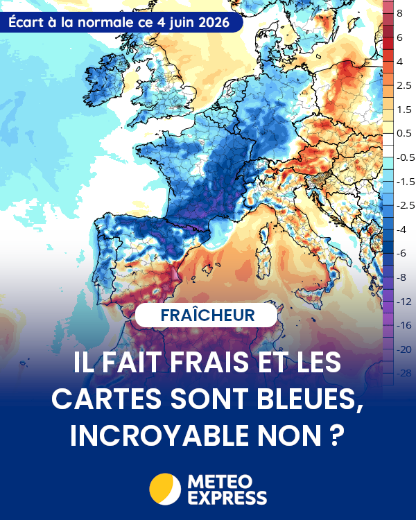 MeteoExpress's tweet photo. 🔵 En ce 4 juin, les températures sont parfois 5 à 7°C sous les moyennes de saison dans le sud. En toute logique, les cartes virent au bleu foncé ! Étrangement, ça ne génère pas autant de polémiques et d'insultes que le rouge quand il fait chaud... https://t.co/a96EYsHqGm