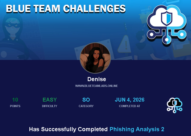 Denise_Sophy_'s tweet photo. Day 79 of #100DaysOfCybersecurity
Completed Phishing Analysis 2!
Covered perimeter defense fundamentals, investigating malicious email headers, tracking sender infrastructure, and isolating initial access vectors to stop threat actors at the gate. 
#SOC #BlueTeam https://t.co/Ng6YqrhtWX