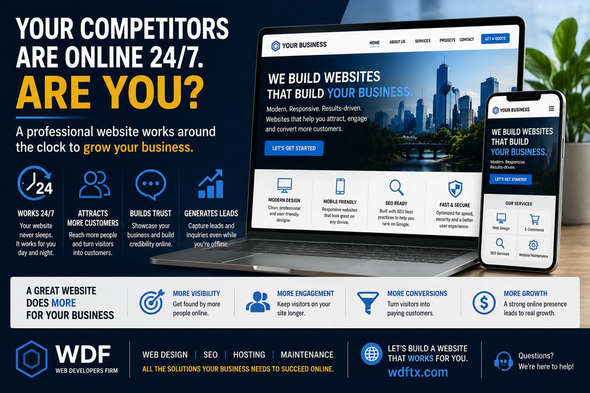 DevelopersFirm's tweet photo. Your competitors are online 24/7.

Are you?

🌐 https://t.co/teMZBb34vv

#WebDesign #Houston #SmallBusiness https://t.co/B93TQNMBkn