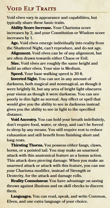 DistractedElf's tweet photo. People often ask, what kind of Elf I am. Now we've written it for 5e! Void Elf!

The whole PDF is available in my Discord! With a little lore, and a stat-block for me, personally! https://t.co/BiMAAiIEEG