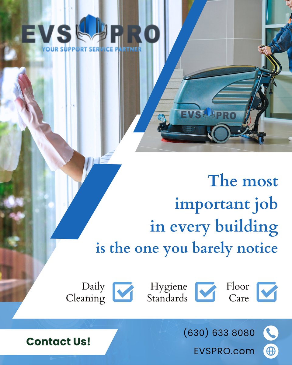 EVSPro1's tweet photo. We take pride in handling the most invisible, yet critical job that keeps your facility safe and running seamlessly every day.
Partner with us at https://t.co/Fa9oGed81W or call 630-633-8080.

#FacilityServices #CleanBuildings #JanitorialServices #BusinessOperations #EVSPRO https://t.co/uf7r4GGdS9