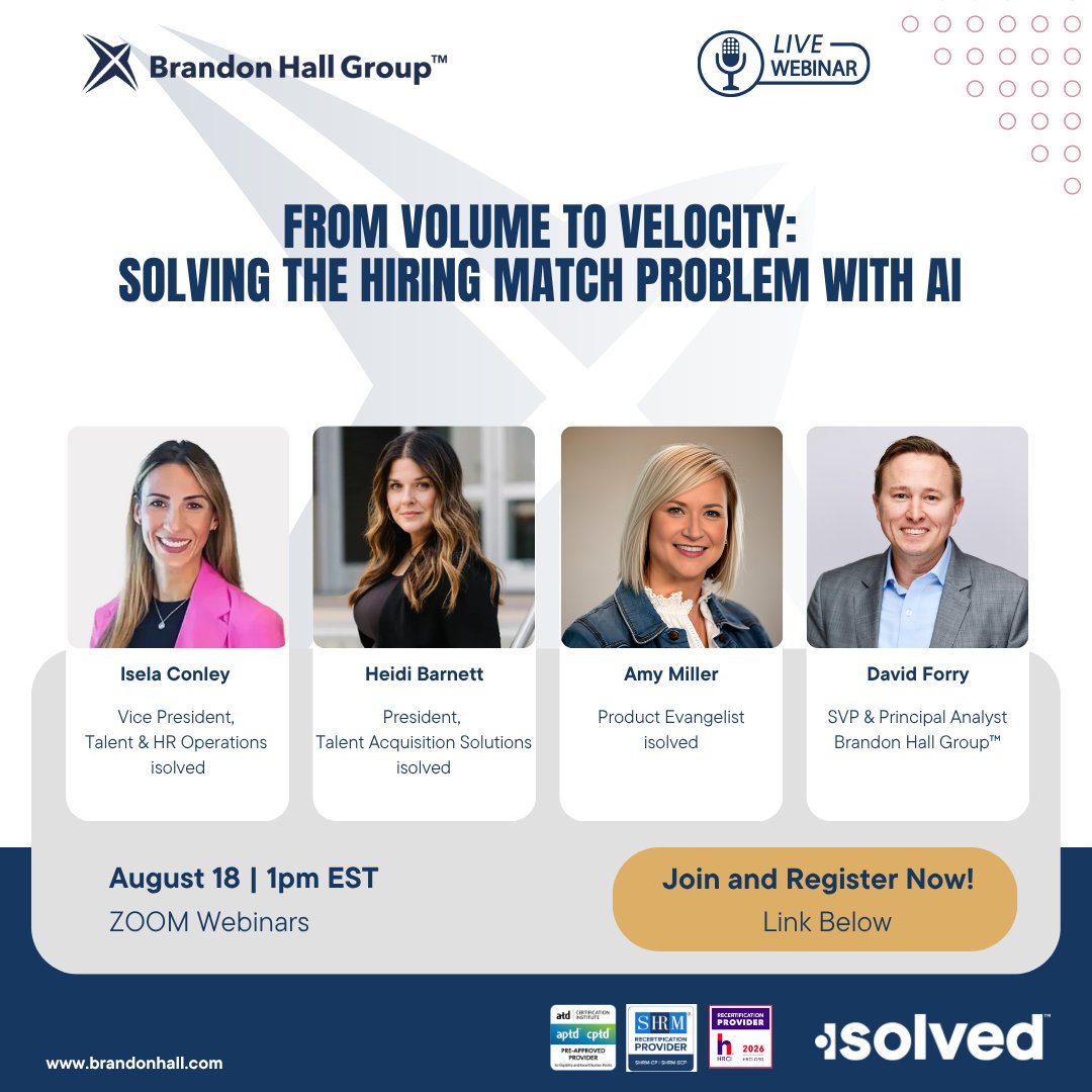 BrandonHallGrp's tweet photo. Most organizations aren't facing a talent shortage. They're facing a matching problem.

Brandon Hall Group™ research shows only 1 in 5 organizations applies a standardized screening process consistently. Qualified candidates slip through, hiring slows down, and quality of hire suffers.

In our upcoming roundtable with isolved, we're unpacking what's actually broken in modern hiring and how to fix it.

Join us to explore:
🎯 Why resume-first filtering is costing you great hires
🤖 Where AI genuinely helps and where it adds risk without human judgment
⚡ How to build skills-based, fair, and faster hiring workflows

Designed for HR leaders, TA executives, and recruiting teams ready to modernize how they hire.

🔗 https://t.co/MNzw6A0Lbl

#TalentAcquisition #FutureOfWork #HRTech #AI #Hiring #BHGWebinars #BrandonHallGroup #isolved