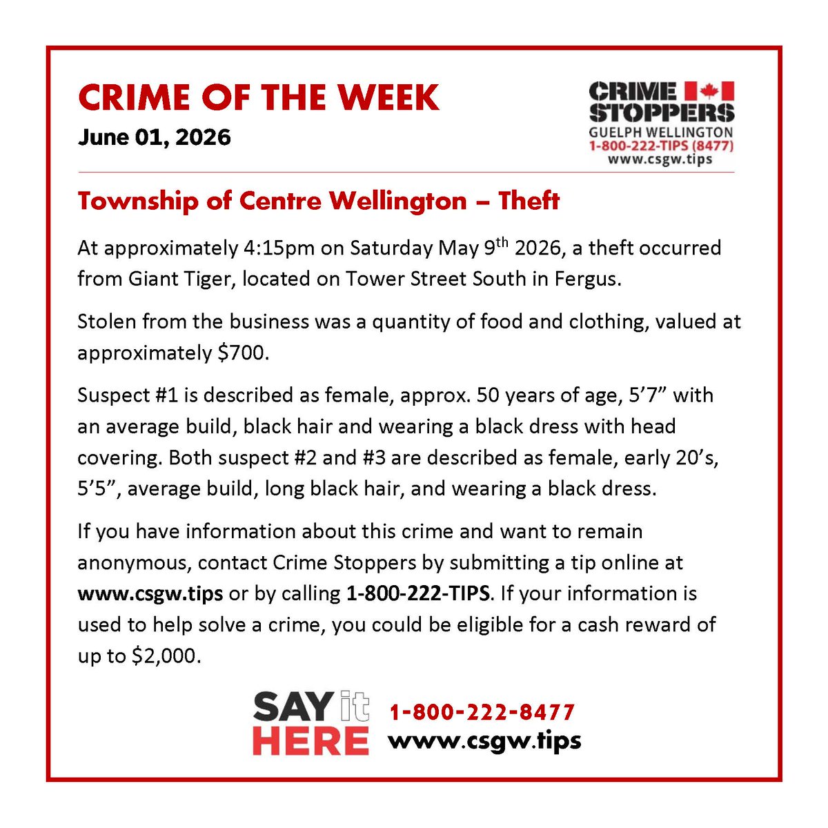 CSGWtips's tweet photo. You know how much we love a good photo shoot! 📸 
What do you know about this #RetailTheft in #Fergus?
#SayItHere 1-800-222-TIPS https://t.co/GwESPDvBuF 
Anonymous &amp; confidential. If your info leads to an arrest, you may be eligible for a cash reward of up to $2,000. https://t.co/aC2kodVHDE