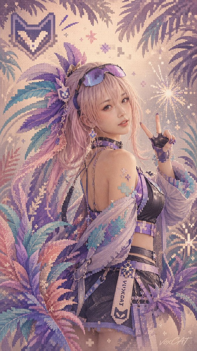 VoxcatAI's tweet photo. 这次试的是「像素感热带海报」。

不是单纯加像素滤镜，而是把角色、羽毛、烟花、棕榈叶和 VOXCAT 符号都拆成颗粒化的装饰块。  
画面像一张旧游戏封面，也像被阳光晒旧的夏日海报。

复古、热烈、有一点电子感。 https://t.co/ayNGpHAncN