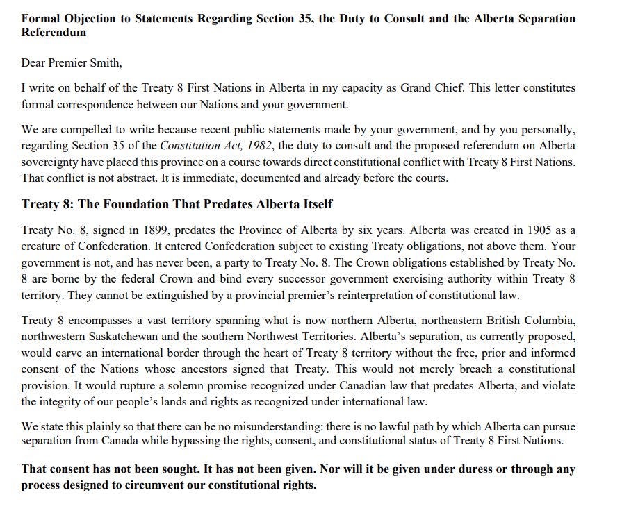 cspotweet's tweet photo. "That consent has not been sought. It has not been given. Nor will it be given under duress or through any  process designed to circumvent our constitutional rights."

Treaty 8 First Nations Chiefs send letter to Premier Danielle Smith, as well as Prime Minister Mark Carney, demanding the Alberta government immediately cease any attempt to proceed with a separation referendum or related process without full consultation, accommodation and the free, prior, and informed consent of the Treaty 8 First Nations.