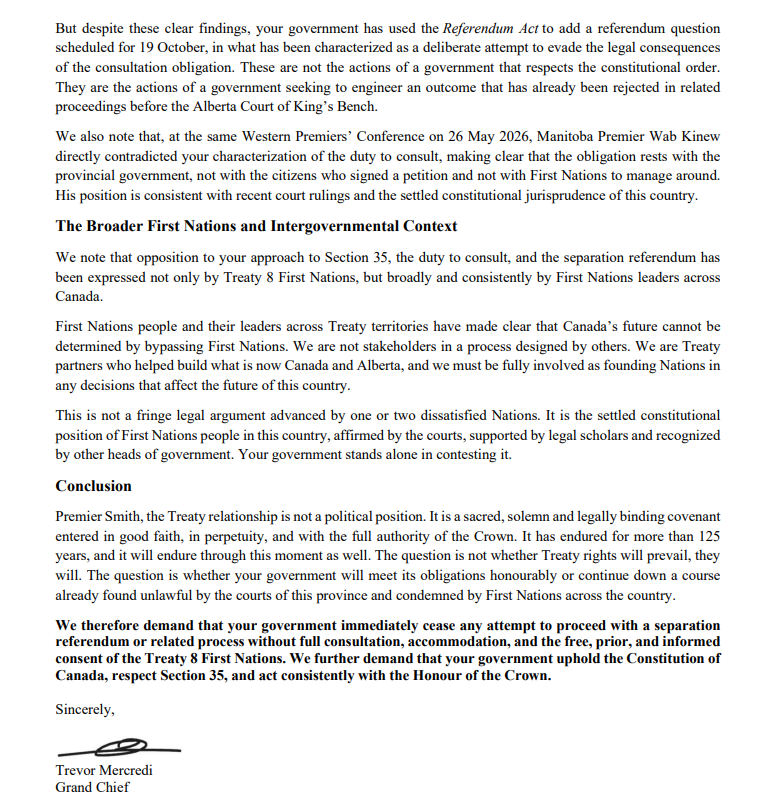 cspotweet's tweet photo. "That consent has not been sought. It has not been given. Nor will it be given under duress or through any  process designed to circumvent our constitutional rights."

Treaty 8 First Nations Chiefs send letter to Premier Danielle Smith, as well as Prime Minister Mark Carney, demanding the Alberta government immediately cease any attempt to proceed with a separation referendum or related process without full consultation, accommodation and the free, prior, and informed consent of the Treaty 8 First Nations.