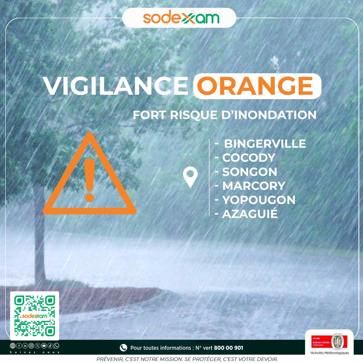 sodexam's tweet photo. En plus des communes de Bingerville, Cocody et Songon. Les communes de  Marcory, Yopougon et Azaguié sont désormais placées en vigilance orange en raison des pluies continues.
Les autres communes du District restent en vigilance jaune.
Restons vigilants ! https://t.co/0QfyvV4JMI
