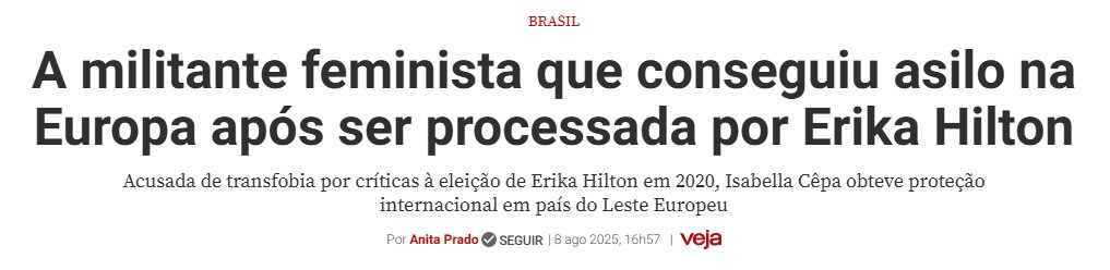 marinahelenabr's tweet photo. O Brasil deteve a primeira pessoa a receber status de refugiada por perseguição por "crime de gênero" no mundo: Isabella Cêpa, processada por dizer que Erika Hilton é homem.

Cogitou-se até 25 anos de prisão por uma opinião, mas acabou arquivado no STF após a repercussão. E a resposta da esquerda não é recuar, mas avançar agora sobre a representação popular.

Enquanto isso, o Brasil também é recordista em outras coisas: homicídios, população vivendo sob o domínio do crime organizado etc. Nesse caso, a resposta da turma do PSOL é NÃO endurecer a punição. A favor da saidinha, de progressões de pena mais brandas...

Parece contraditório, mas é um projeto bastante coerente... com os interesses que eles representam.