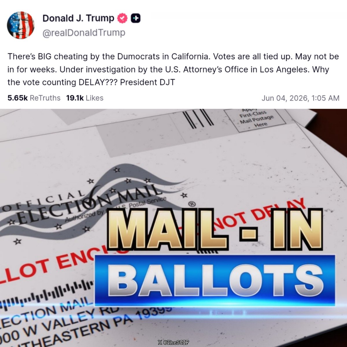 TheSCIF's tweet photo. Trump calls out cheating in California's election.

Democrats will count fraudulent mail-in ballots until they win.

The law MUST be changed where votes only count up to the end of Election Day. Not Election Week. https://t.co/KjDFPfFnpw