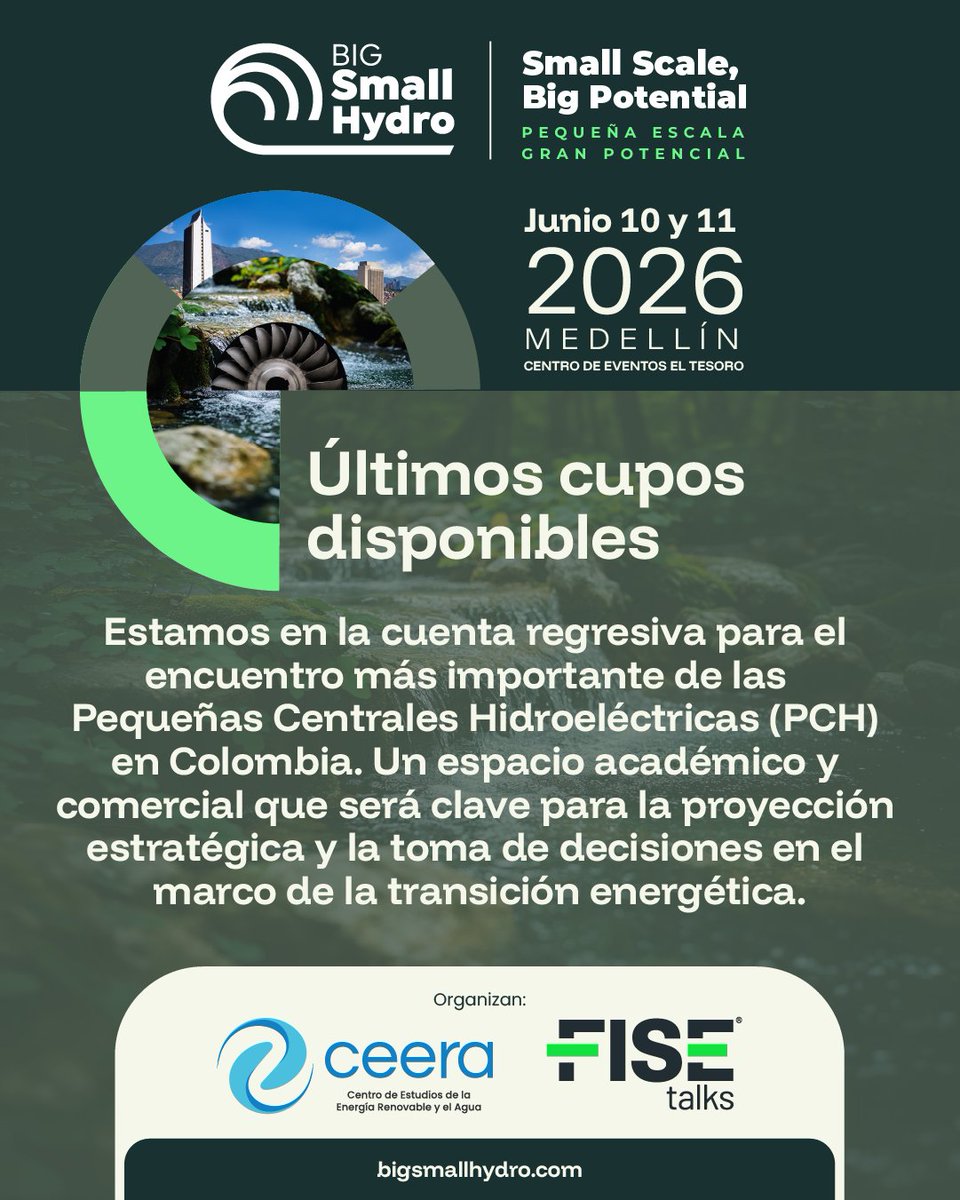 FISE_Colombia's tweet photo. 🌊 El evento más importante de las Pequeñas Centrales Hidroeléctricas llega a su tercera edición.
Esta es la oportunidad para conectar directamente con más de 30 empresas proveedoras del sector eléctrico de las PCH. 
🗓️Junio 10 y 11 🎟️ 
Regístrate en: https://t.co/OXOa5APSXe https://t.co/tmlJfpBBfN