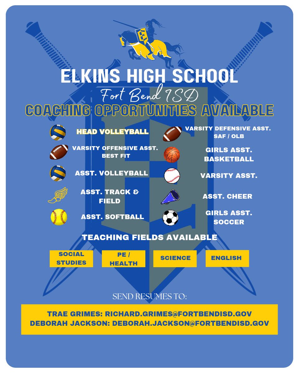 CoachTGr's tweet photo. 💥 Coaching Opportunities💥
Elkins HS
Missouri City,TX.

Come enjoy a great school, tremendous community, and build something great with us at the Castle!!

0 yrs = 63k + Stipends 

FAMILY

#KnightLife https://t.co/ftliDSGvhQ