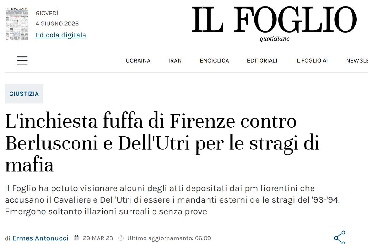 ErmesAntonucci's tweet photo. Il 29 marzo 2023 sul Foglio evidenziai l'assoluta inconsistenza dell'indagine contro Berlusconi e Dell'Utri, dopo aver esaminato le carte dei pm. Oggi si scopre che l'indagine è stata archiviata (per l'ennesima volta).
Continuate pure a leggere i giornali megafoni delle procure https://t.co/mGaVM02sDZ