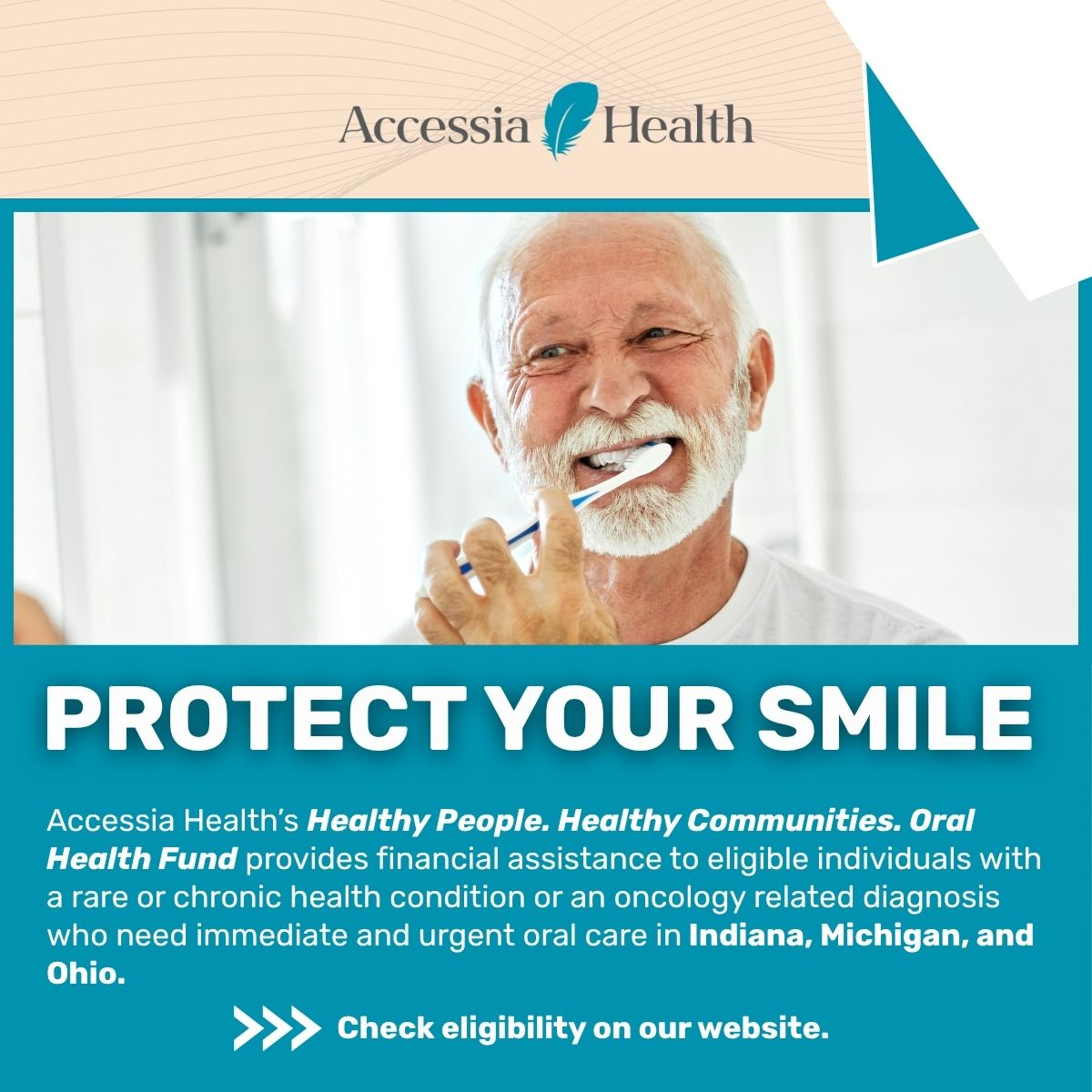 AccessiaHealth's tweet photo. June is a great reminder that oral health is an important part of overall health! 🦷 For many people managing a rare or chronic health condition accessing urgent dental care can be challenging due to the financial barriers.
 
That's where Accessia Health's 𝗛𝗲𝗮𝗹𝘁𝗵𝘆 𝗣𝗲𝗼𝗽𝗹𝗲. 𝗛𝗲𝗮𝗹𝘁𝗵𝘆 𝗖𝗼𝗺𝗺𝘂𝗻𝗶𝘁𝗶𝗲𝘀. 𝗢𝗿𝗮𝗹 𝗛𝗲𝗮𝗹𝘁𝗵 𝗙𝘂𝗻𝗱 comes in. This program is designed to assist eligible individuals in 𝗜𝗻𝗱𝗶𝗮𝗻𝗮, 𝗠𝗶𝗰𝗵𝗶𝗴𝗮𝗻, 𝗮𝗻𝗱 𝗢𝗵𝗶𝗼 access immediate and urgent oral care by providing financial assistance when it's needed most.
 
This National Oral Health Month, take a moment to prioritize your smile and learn how support may be available for you or someone you know.
 
𝙇𝙚𝙖𝙧𝙣 𝙢𝙤𝙧𝙚 𝙖𝙣𝙙 𝙘𝙝𝙚𝙘𝙠 𝙚𝙡𝙞𝙜𝙞𝙗𝙞𝙡𝙞𝙩𝙮: https://t.co/BXaEupC4ZC

#AccessiaHealth #PatientAssistance #NationalOralHealthMonth