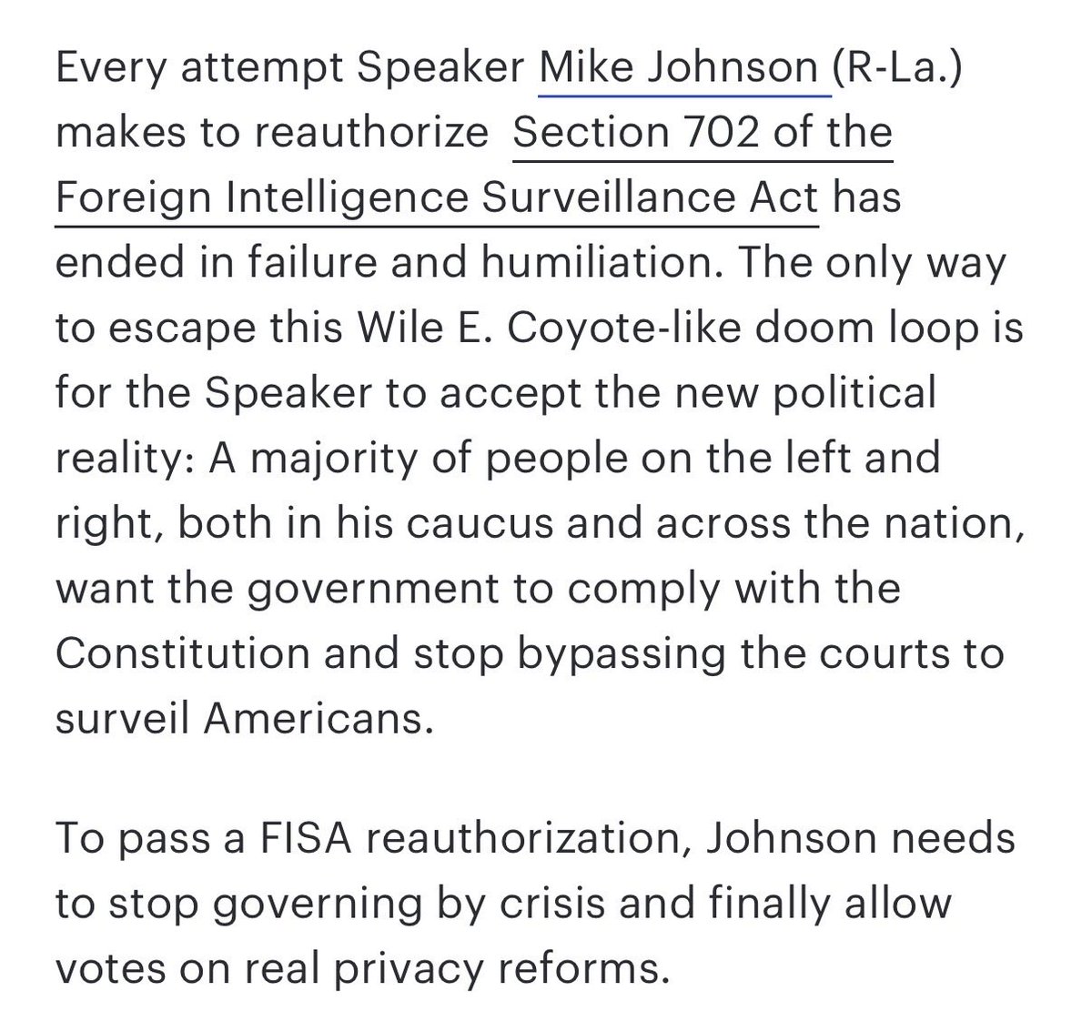 demandprogress's tweet photo. Congressional leaders keep running away from the fact that both the left &amp; the right want FISA reform.

If @SpeakerJohnson wants to stop face-planting on FISA, he needs to stop stonewalling and finally allow votes on real privacy protections. 

Read all about it today in @thehill https://t.co/PmacFtveHK
