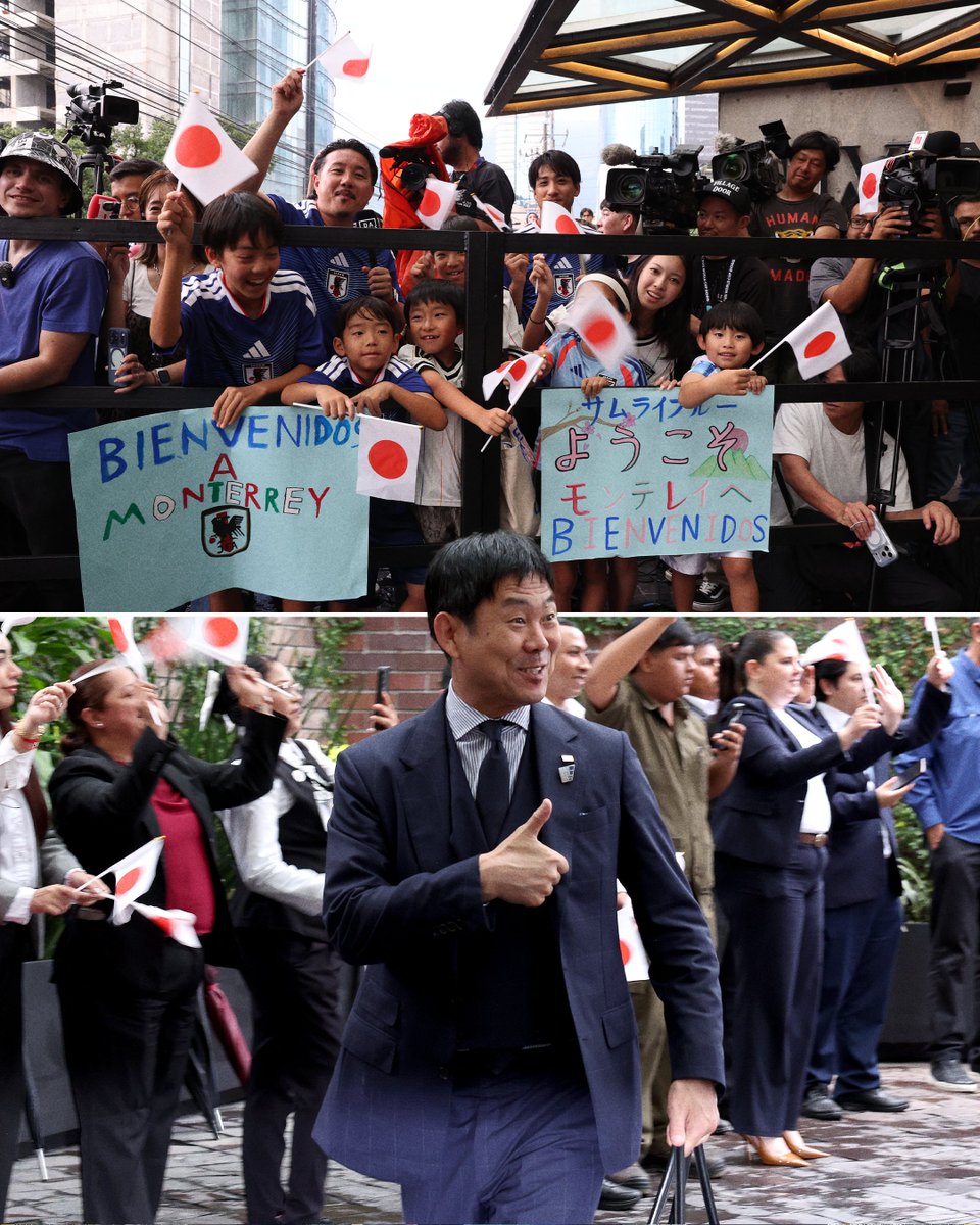 ESPNAsia's tweet photo. 📸 Japan's head coach Hajime Moriyasu's reaction to fans' welcome at the team hotel in Monterrey, Mexico https://t.co/lrh4Nz9Ek1