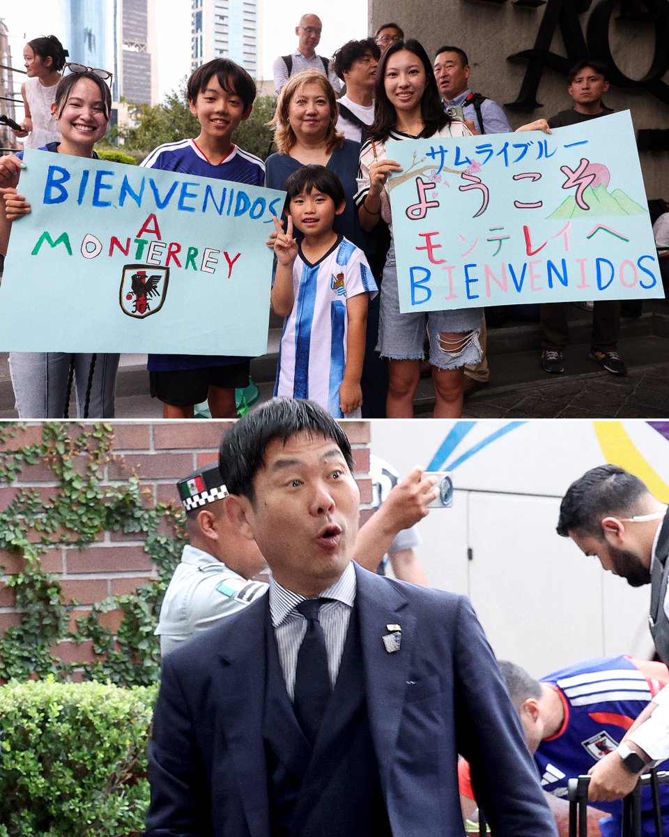ESPNAsia's tweet photo. 📸 Japan's head coach Hajime Moriyasu's reaction to fans' welcome at the team hotel in Monterrey, Mexico https://t.co/lrh4Nz9Ek1