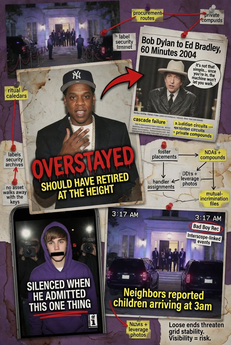 Prolotario1's tweet photo. Walking Away Is Never That Simple: The Ties That Bind The Unseen

Jay-Z overstayed his welcome. He should have retired at the height of his career. But we all know at that level of fame it is never that simple. Remember that Bob Dylan interview on 60 Minutes with Ed Bradley that was aired back in 2004? He basically told you why you can not simply walk away. Attempted withdrawal does not simply remove one player. It threatens cascade failure across interconnected compartments. The celebrity carries embedded knowledge of procurement routes, ritual calendars, handler assignments, and financial flows. 

Retirement creates a loose end that could unravel label security archives, estate surveillance logs, and mutual-incrimination files. The grid responds with calibrated neutralization: career implosion, reputational incineration, health anomalies, or quiet removal. Visibility that once amplified control now amplifies risk. The higher the profile, the more aggressively the system enforces continuity. No asset walks away with the keys to the kingdom intact. 

Justin Beiber Was Silenced When He Admitted This One Thing

These pipelines operate as core logistics. Record labels and affiliated estates function as intake, staging, and distribution hubs. Parties at private compounds and label-backed venues serve as controlled environments where minors often funneled through industry pipelines, foster placements, or audition circuits are delivered under the guise of opportunity. Security perimeters, NDAs, and on-site handlers ensure compartmentalization. Participants document involvement through participation itself, creating permanent leverage. Interscope-linked events and Bad Boy Rec have repeated patterns of this. 

Do You Remember When P. Diddy's Neighbors Said He Brought In Children At 3am At His Parties? 

I will go into more details on my other platform.