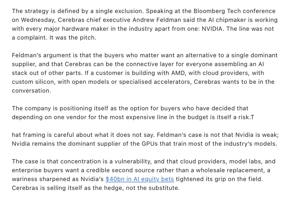 Tickerwire's tweet photo. $CBRS $MU $INTC $ASML $ANET | Cerebras plans extensive data center collaborations to position the group as the primary alternative to Nvidia hardware. 

Management uses the existing Amazon and OpenAI supply deals as blueprints for expansion. https://t.co/DRVwum3Vcf