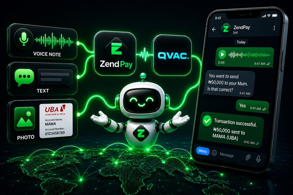 Zend_Money's tweet photo. The next evolution of payments in emerging markets won’t be apps.

It will be agent-driven financial infrastructure.

Where files, chats, and systems all become executable money instructions.

This is where @qvac  changes the stack.
🧵
