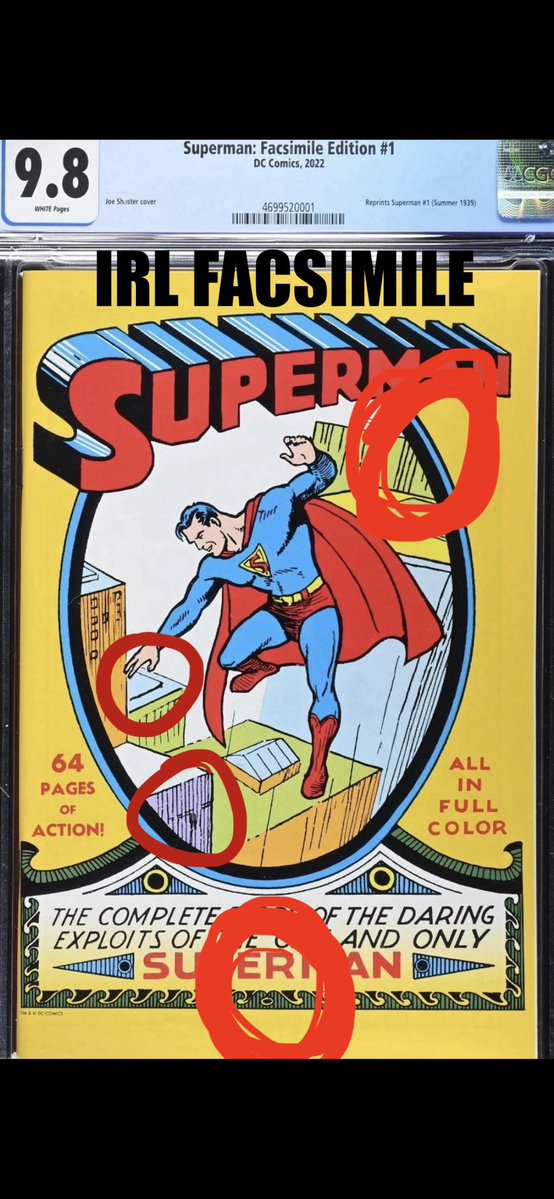 High_Visionary's tweet photo. @reverendalexg @MrSquibs1 @DGCgrading On the left we have actual IRL SUPERMAN #1 &amp; ON THE LEFT WE HAVE A COMMON WORTHLESS INTENTIONALLY ALTERED FACSIMILE EDITION. Take a guess what your NFT is a digital copy of…yea thats right THE ONE ON THE RIGHT..😂digital facsimiles of facsimiles is crazy work. DETAILS MATTER! https://t.co/PwSsiCoYum