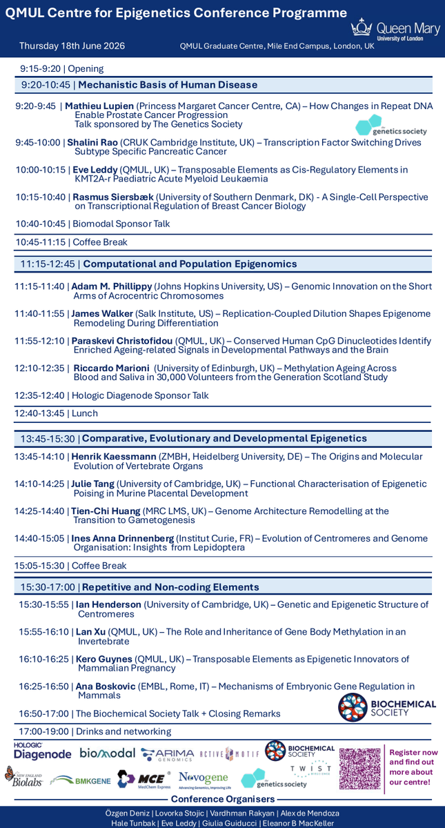 QMULepigenetics's tweet photo. Here is the finalised programme for our 2nd Annual Centre for Epigenetics Conference 2026! Last change to book your tickets. The deadline is Monday, June 8th  https://t.co/63lKAfVhbP
#epigenetics #conference #qmul https://t.co/Bpt8O9Z7HY