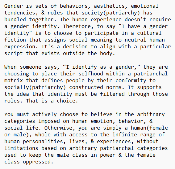 rady_aphrodite's tweet photo. @Heccles94 Having a gender identity or being trans is entirely a choice, because gender is a social construct exactly like religion is. https://t.co/uXOCn9SK51