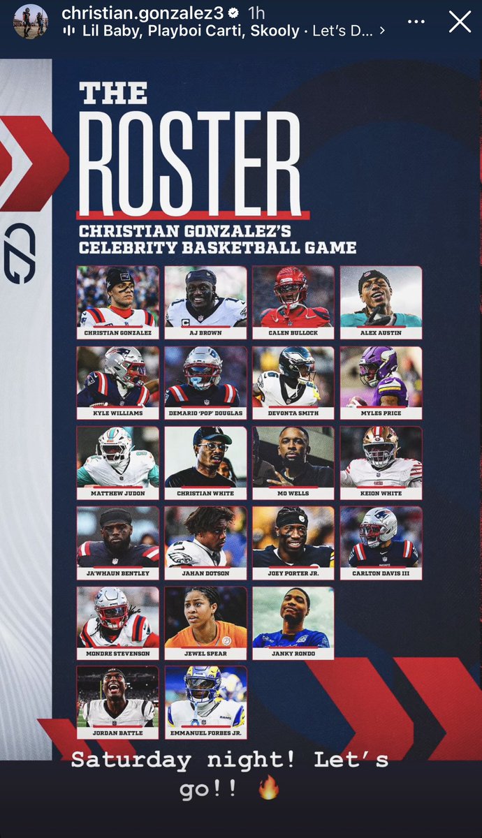 LosTalksPats's tweet photo. Christian Gonzalez announced the roster for his celebrity basketball game this weekend 🔥

#Patriots WR A.J. Brown, Eagles WR DeVonta Smith, and Steelers CB Joey Porter Jr. are among those who will attend.

(📸 christian.gonzalez3 IG) https://t.co/DPsCUap56Q